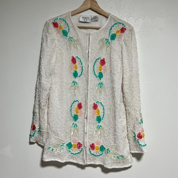 Cervelle Jackets & Blazers - Vintage Cervelle White Beaded Floral Jacket – 100% Silk, Made in India, Small